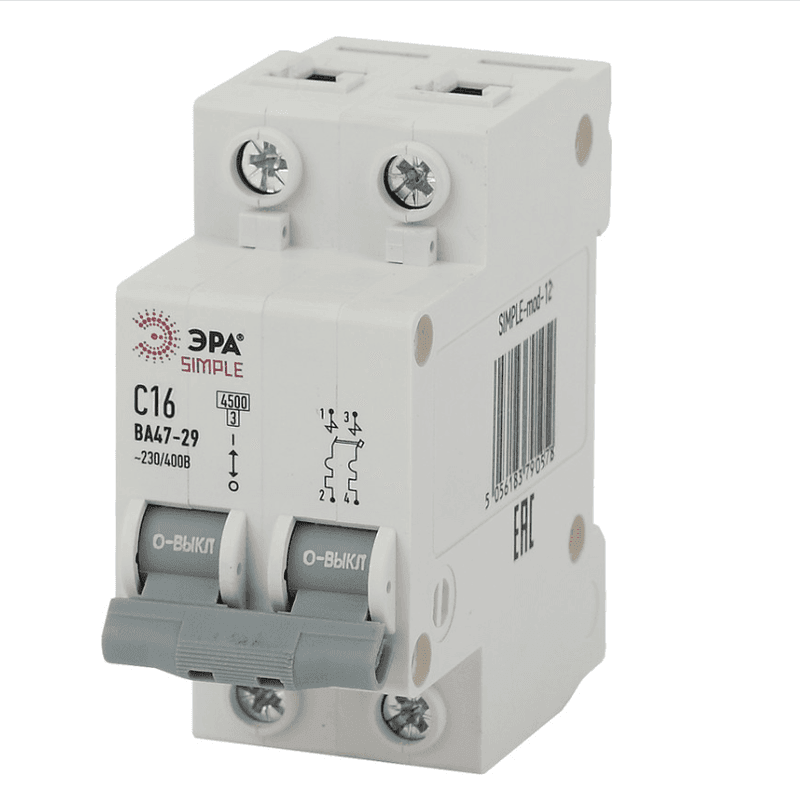 Авт.выкл. ЭРА SIMPLE 2-Р ,16А, ВА47-29 С,4,5кА/12 (шт)