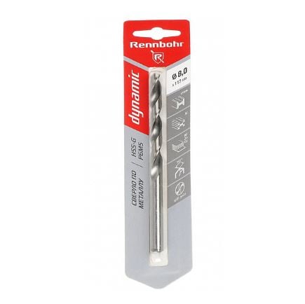 Сверло по металлу 8,0 мм х 117 мм, HSS-G, P6M5, RENNBOHR DYNAMIC CARD 675080(1 шт.)