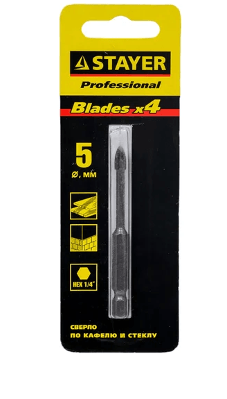 STAYER Сверло по стеклу и кафелю 5 мм, 4х кромка, нех 1/4,