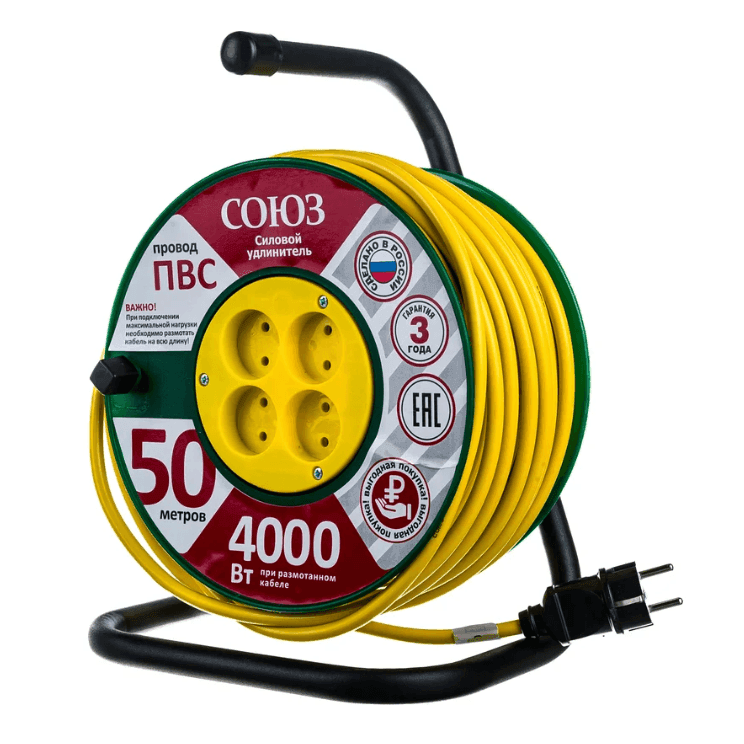 Удлинитель-катушка ТМ Союз 4гн 50м б/з ПВС 2х2,5 4000Вт (шт)