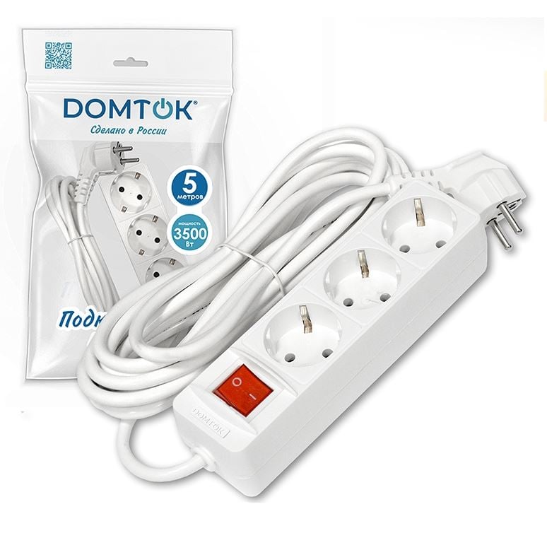 Удлинитель DOMTOK 3500Вт 3гн 5м с/з ПВС 3х1, выкл. / шт