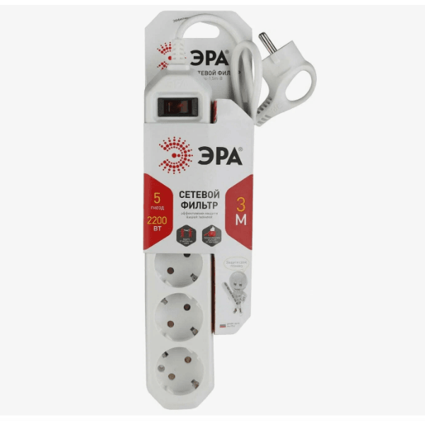 Сетевой фильтр ЭРАl 5гн 3м, 10А, ПВС 3*0,75мм, белый (шт)