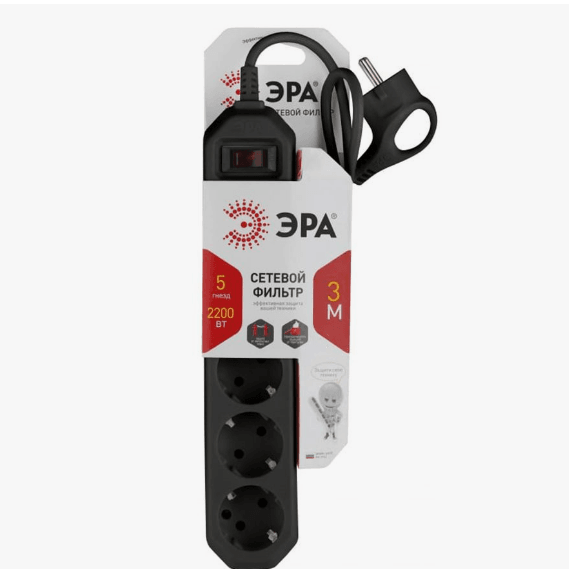 Сетевой фильтр ЭРАl 5гн 1,5м, С/З 10А, ПВС 3*0,75мм, Черный  (шт)