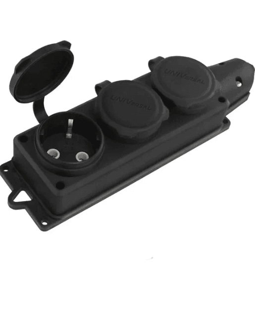 Колодка каучук "UNIVersal" 3-мест. с заглушк. "Компакт" с/з 16А IP44 черный (шт)